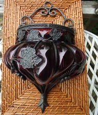 Purple Encased Glass Metal Grape Ornate Planter Vase Gothic Victorian BOHO Decor