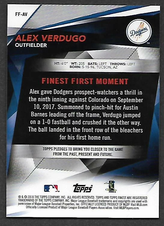 2018 TOPPS FINEST ALEX VERDUGO FINEST FIRSTS INSERT, #FF-AV, LOOK!!!!!! - Image 2 of 2