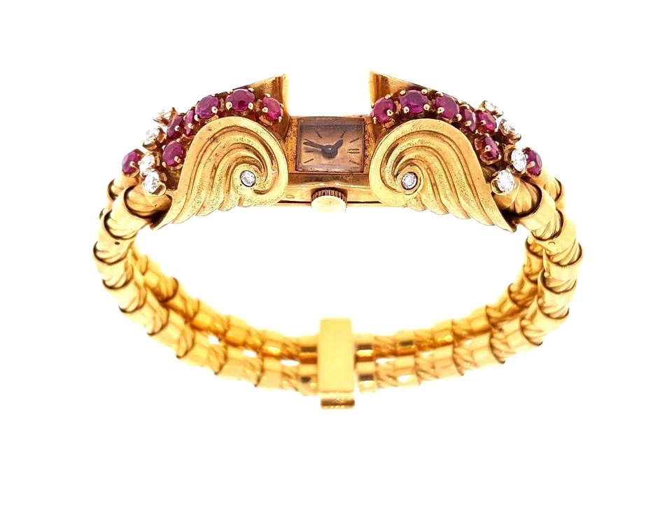 French Retro Ruby and Diamond Bracelet Watch in 18k Rose Gold- HM1347EE