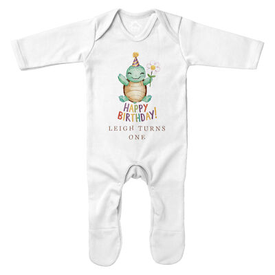 Personalisierter Happy Birthday Schildkröte Strampler Mädchen 1. Erste Baby Party Cele...