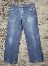 Duluth Trading Co Jeans Mens 36x30 Blue Denim Straight Leg Relaxed Fit Logo Flaw