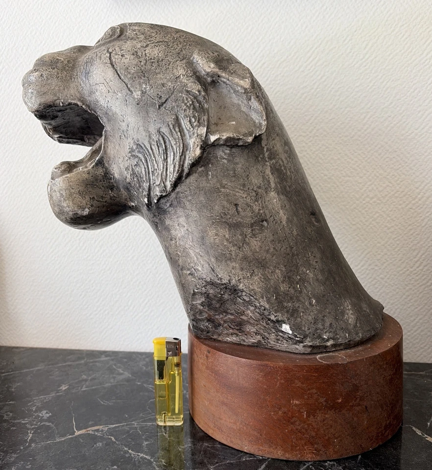 ancienne statue sculpture tête lionne panthère tigre art plâtre d'atelier 19éme - Photo 4/4
