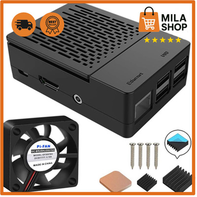 Raspberry Pi 3 B+ Gehäuse mit Lüfter Kühlkörper ABS Schwarz Schutzgehäuse Set