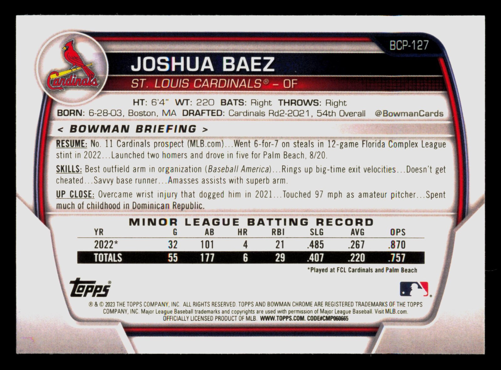2023 Bowman Joshua Baez Chrome #BCP-127 view 2