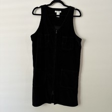 VTG Corduroy Full Zip Jumper Dress Black Sz M Sleeveless 100% Cotton Pockets Y2K