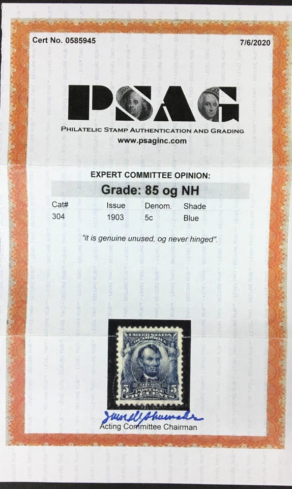 MOMEN: US STAMPS #304 MINT OG NH PSAG GRADED CERT VF/XF-85 LOT #95707 - Image 2 of 3