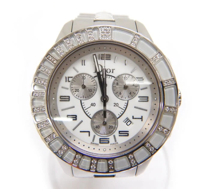 Montre chronographe femme ChristianDior à quartz 3,8 cm lunette argent blanc diamant