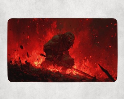 MTG Playmat - Feral Berserker in Flames | Barbarian Warrior Fire Art TCG Mat