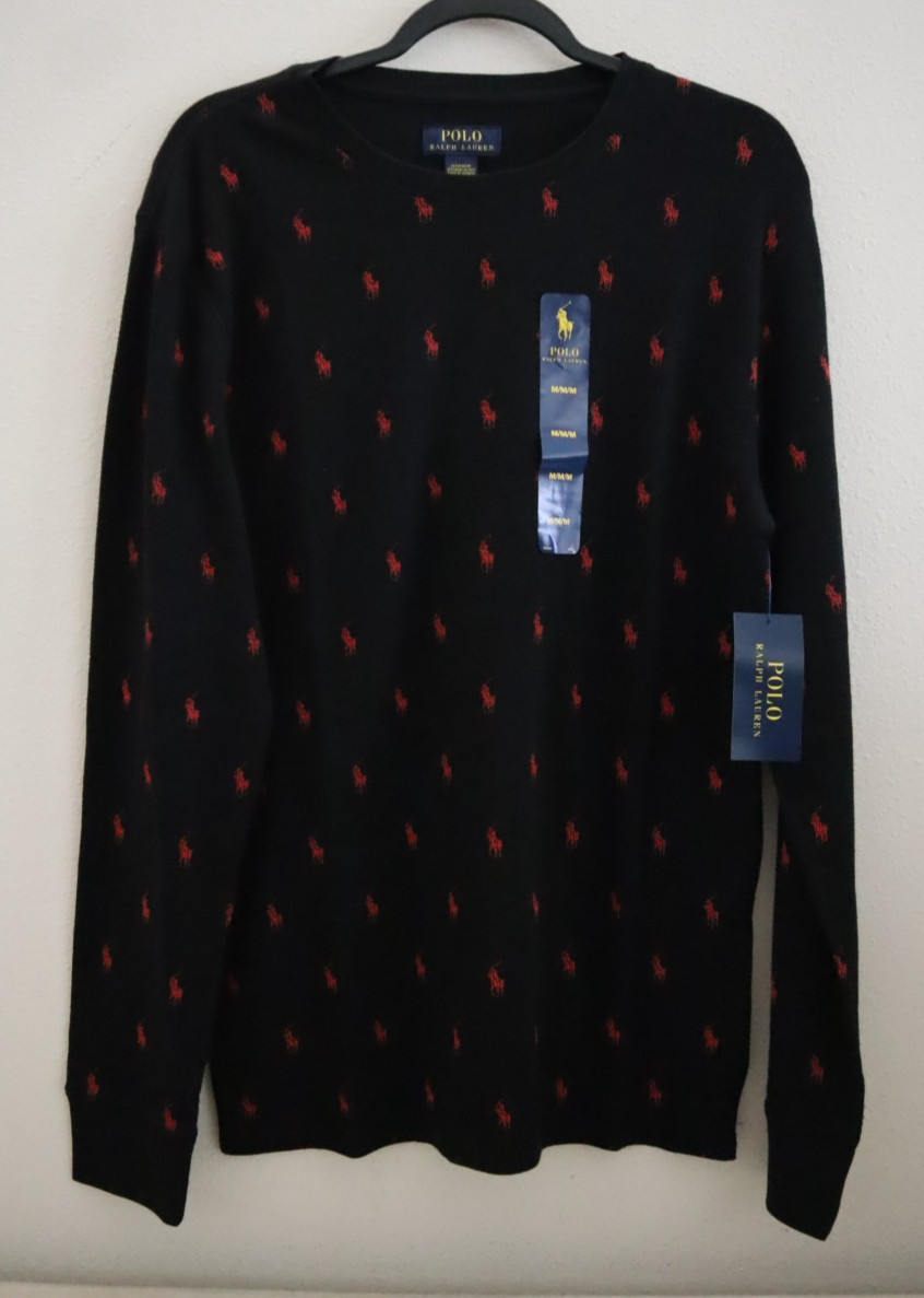 Polo Ralph Lauren PW25HF Men Sz M Black/Red Pony Waffle Knit Crew Neck L/S Shirt
