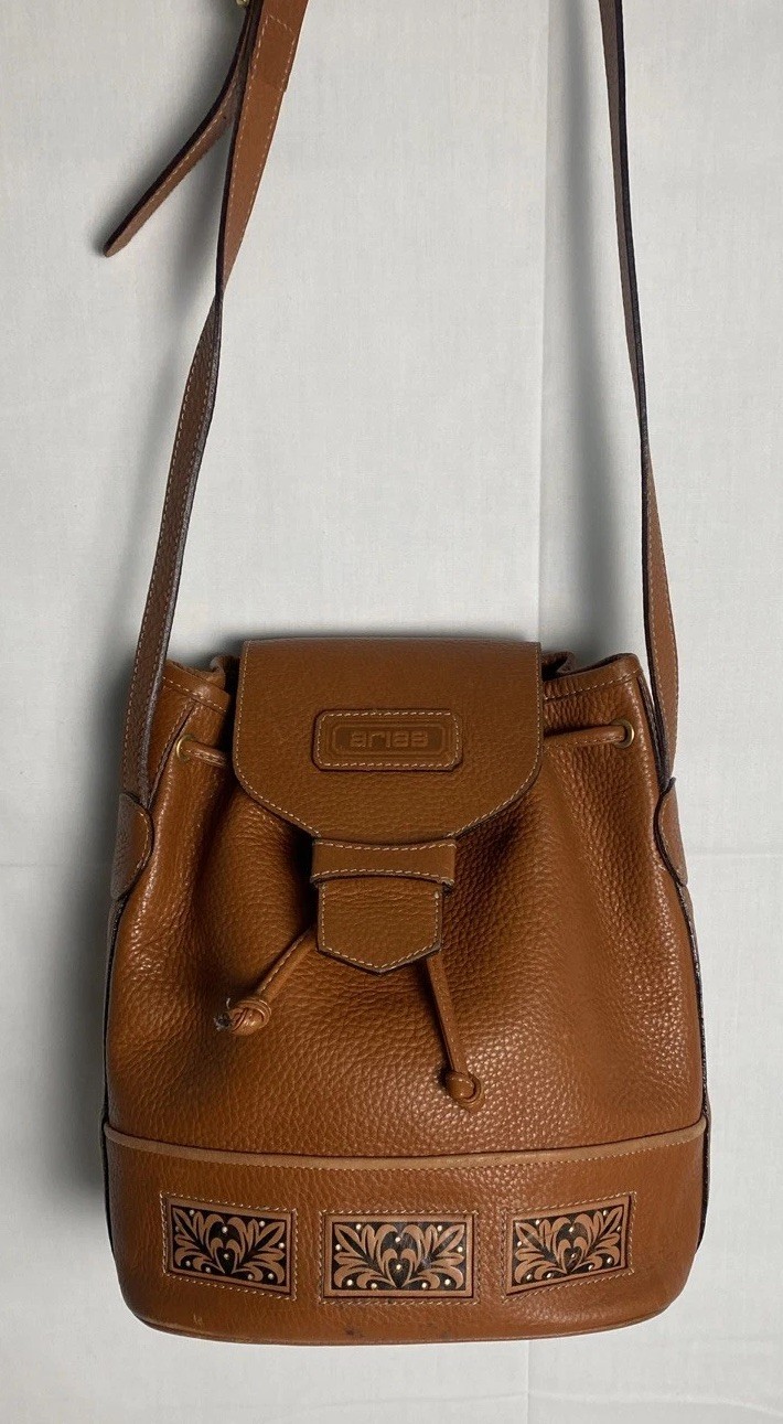 Aries Artesanos En Piel Pebble Leather Bucket Bag Purse Cogn