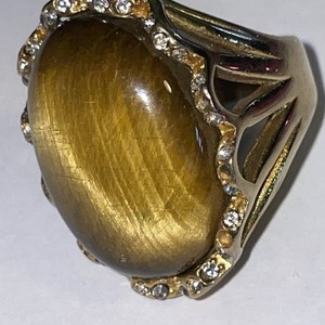 Authentic Gold-Plated Ring W/Large Oval-Shaped Tiger’s Eye Cabochon Stone Small CZ Halo