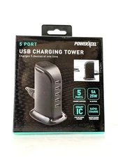 PowerXcel USB 5-Port Black Fast Charging Tower 5 Devices At One Time 5V 5A/25W