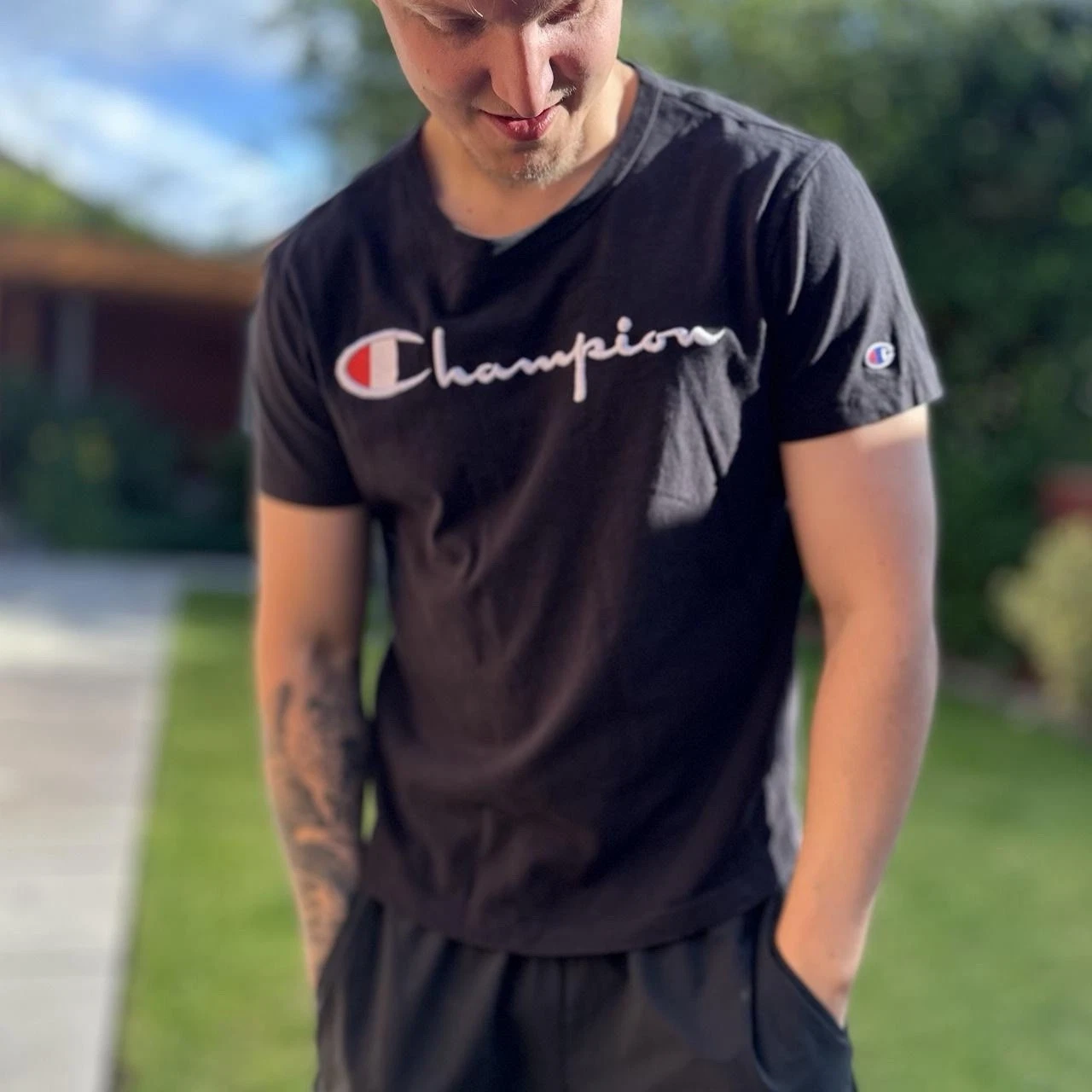 Champion Black TShirt Men's Size Medium Retro Short Sleeved Vintage Tee Shirt