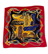Vintage Equestrian Print Silk Scarf   Red/Gold/Blue   Square 4.5  