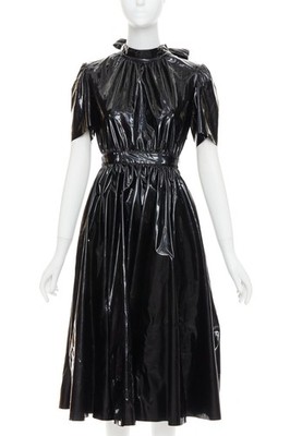 MSGM Vinyl Midi Nero black PVC short sleeve back bow tie midi dress IT38 XS