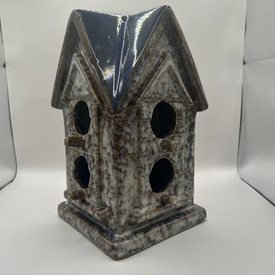Vintage Glazed Ceramic Pottery Birdhouse- Cottage Core- Blue/Brown/ Cream