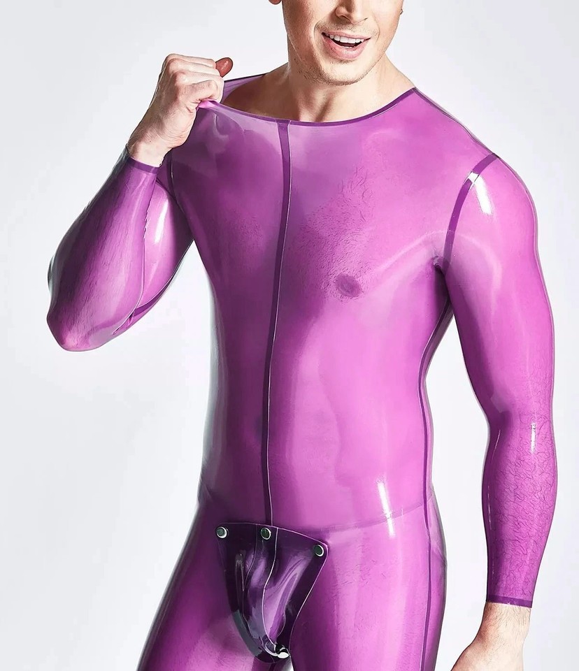 Purple Mens Latex Bodysuit Remove Crotch Cover Rubber Catsuit Fetish ...