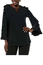 Antthony Women's Notched Neck Top w/ Ruffle Sleeves Black