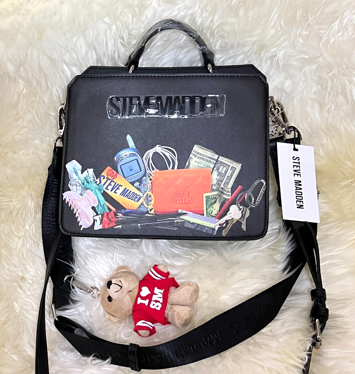 Steve Madden BEVELYN Black Chaos Satchel Crossbody Bag Purse NWT