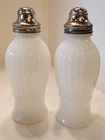 Vtg Antique Tall Large Milk Glass Salt & Pepper Shakers Ribbed Design Rare Shape