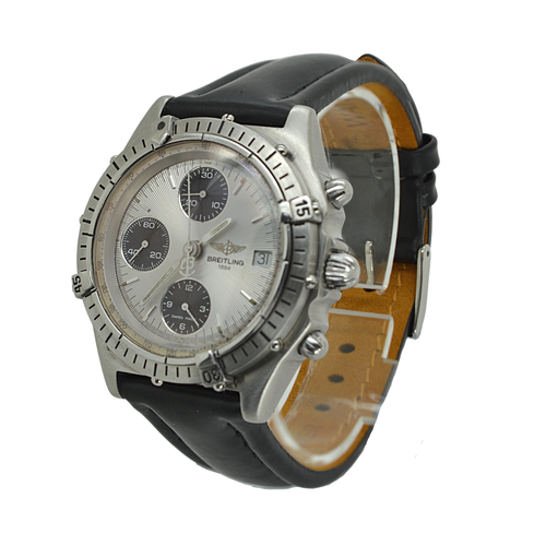BREITLING Chronomat 39mm Chronograph Silver Black Leather Band Mens Watch  A13048 | eBay