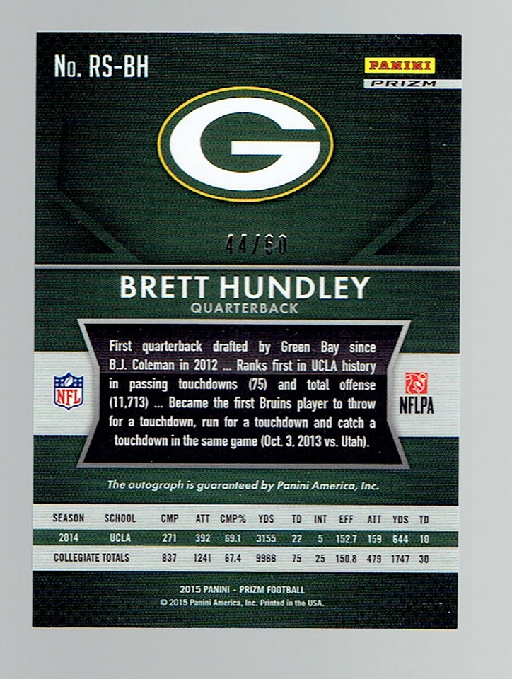 2015 Panini Prizm Rookie Signatures Prizm /60 Brett Hundley  Green Bay Packers - Image 2 of 2