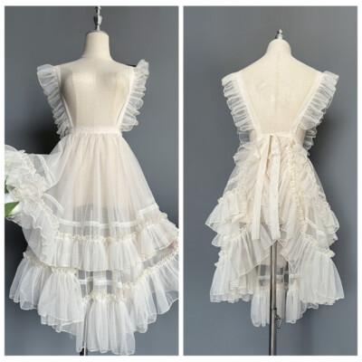 Lolita Damen Mädchen Riemenkleid Rüschen Spitze Netz durchsichtig hochtailliert süß Retro