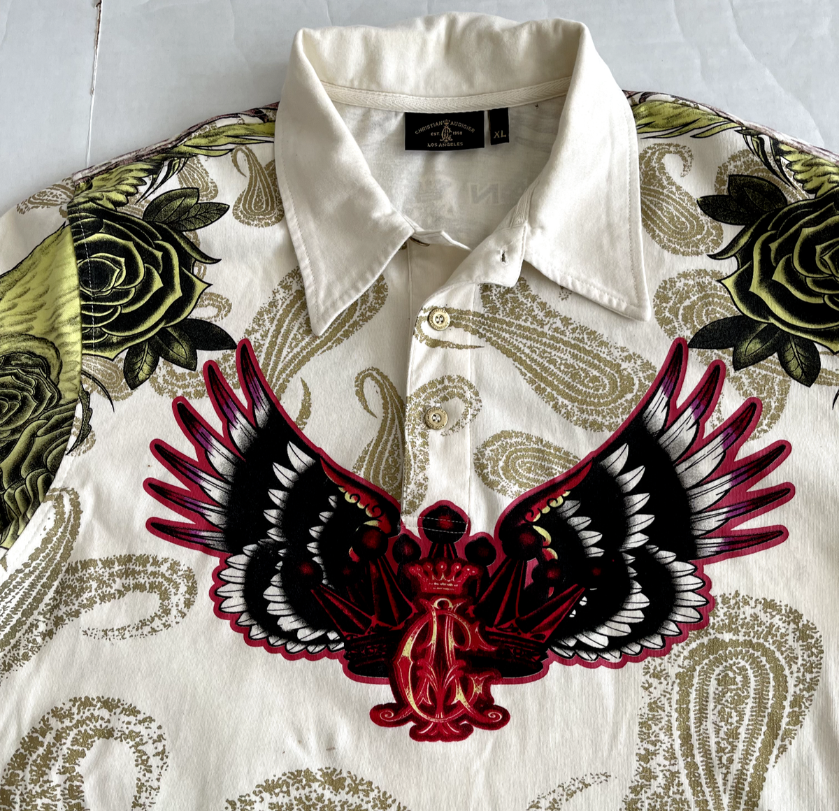 Christian Audigier Shirt Extra Large XL Polo All Over Print Skull