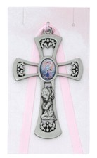 Girl Guardian Angel Crib Cross Medal With Light Pink Ribbon 10 Inch Baptism Gift