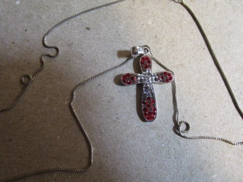 Vintage Costume Jewelry Necklace Cross Silver and Red Stones 18 Inch chain w cla