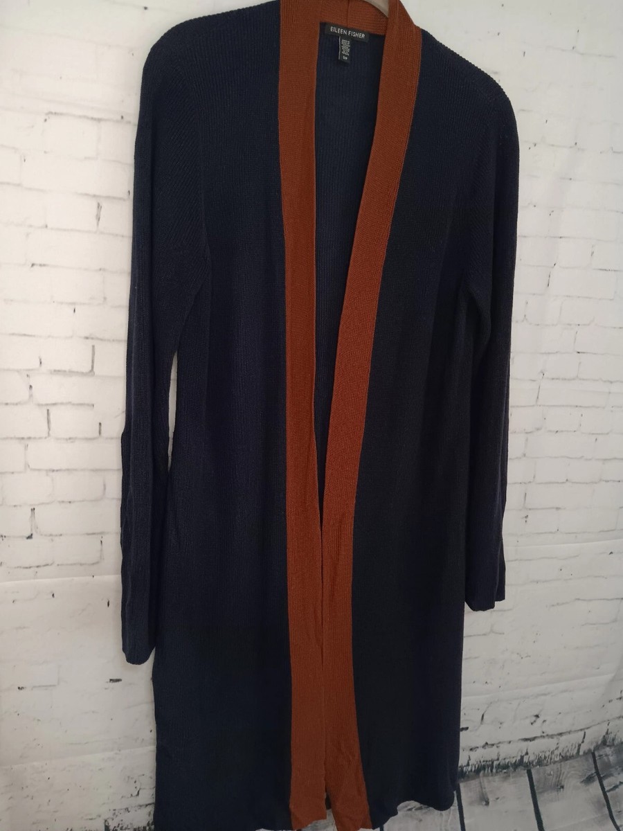 Eileen Fisher Renew Tencel Silk Open Front Blue Brown Cardigan Womens Sz S  (A5)