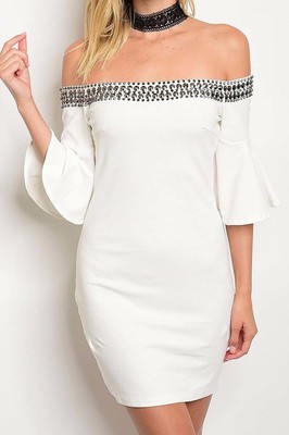 Sexy White Dress, Off-the-Shoulder Mini Dress w/ Studded Top and Bell  Sleeves | eBay