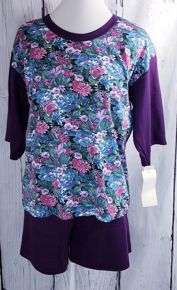 De Colección Nancy King Lencería Mujeres 2 Piezas Pijama Top y Pantalones Cortos Conjunto Púrpura Floral PJ S Foto 2 de 4