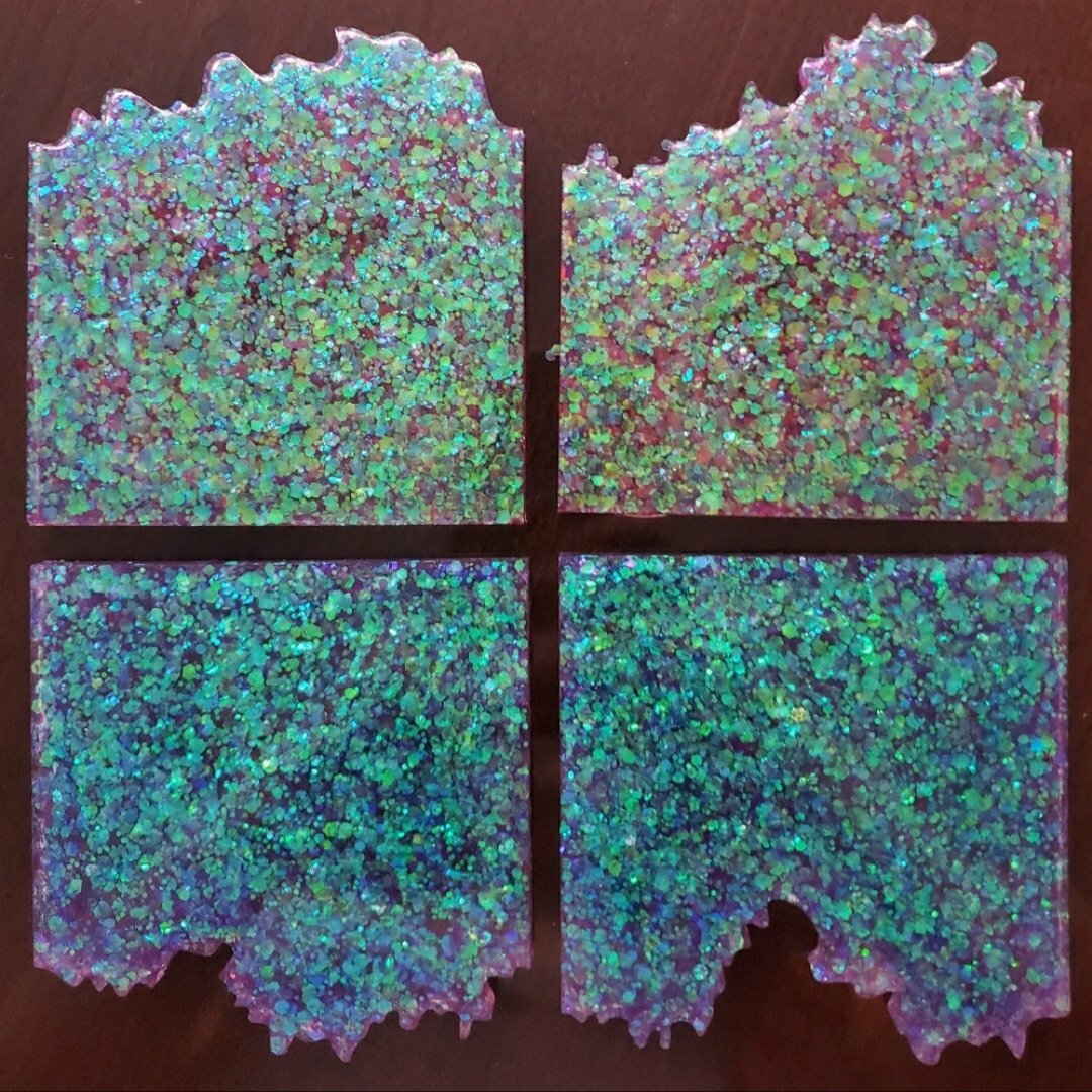 Handmade Pink/Purple Lagoon Glitter 4 piece Coaster Set