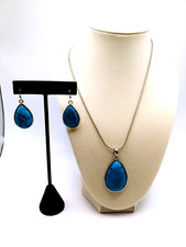 Faux Turquoise Pendant Necklace, Pierced Earrings Set, Silver Tone