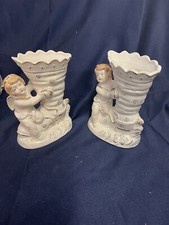 Pair of Vintage 6-1/2" Cherub Vases Made in Japan, Gold Trim
