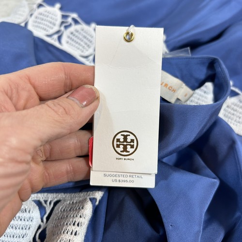 Vestido Tory Burch Amanda drapeado con ribete de ganchillo línea A en azul Hudson talla 0 - Imagen 4 de 6