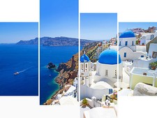 Large 4 Panel Set Wall Art Canvas Pictures Santorini Greece Sea Holiday Prints