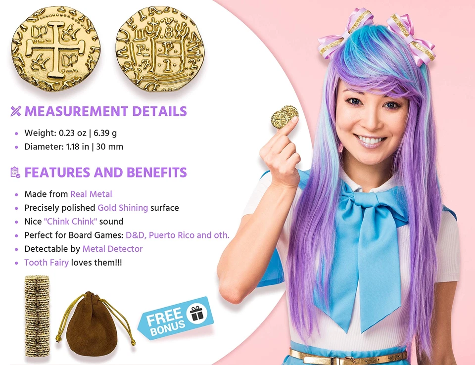 Металлические пиратские монеты премиум-класса — 35 больших пиратских золотых монет для детей, поддельное золото... - Изображение 2 из 4