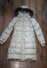 Zara Long Padded Parka Coat Size S 8 10 Hood Cream Shimmer Finish Quilted Puffa