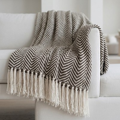Baumwolle Fischgrät Überwurf Natur Fransen Quaste Sofa Bett Stuhl Decke 127x152cm