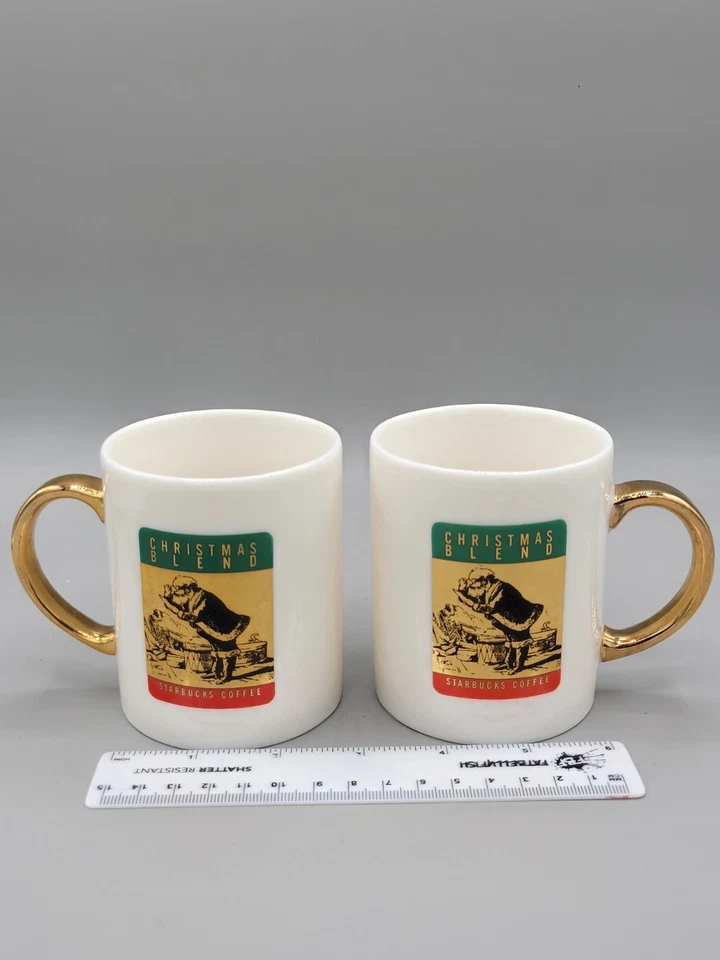 Juego de 2 tazas de café Starbucks mezcla navideña cerámica 8 oz mango tono dorado de colección Foto 3 de 4