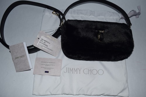 NWT Authentic JIMMY CHOO JCB Aimeey Faux Fur Crystal Pave Leather Bag Black