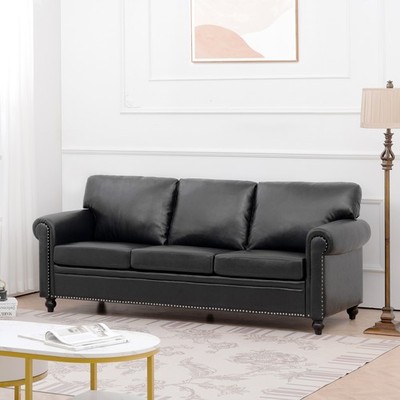 Modern Black 3-Seater PU Leather Sofa with Wood Frame & Armrests for Living Room
