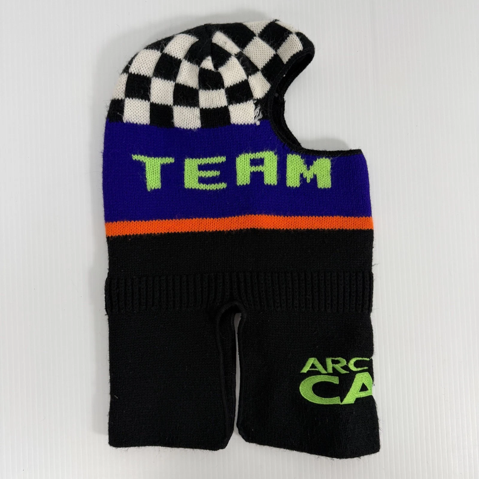 Vintage Arctic Cat Snowmobile Full Face Ski Mask Hat Black Checkers& Neon Green
