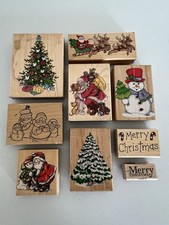 Wooden Rubber Stamps Santa Christmas Tree Snowman Themed Lot Of 9