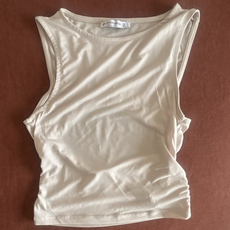 Stradivarius Beige Ruched Stretch Knit Cropped Tank Top Round Neck Women’s XS