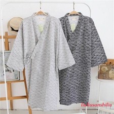 Men Kimono Yukata Cotton Soft Japanese Bathrobe Robe Gown Long Sleeve Nightwear