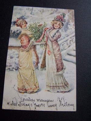 Frohliche Weihnachten Vintage Postkarte Zwei Frauen Frohe Weihnachten