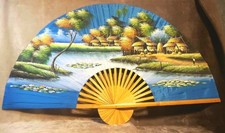 Hand Painted "Village in Paradise" Bamboo Hanging Wall Fan 60" X 35"